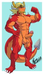 abs anthro balls blonde_hair bodily_fluids bushiroad dragon drum_bunker_dragon future_card_buddyfight genitals hair hi_res lofnirv male muscular muscular_anthro muscular_male nude orange_body orange_skin pecs penis red_body red_skin solo solo_male sweat tail