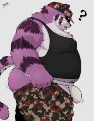 2023 anthro ass belly big_belly big_body big_butt bottomwear bulge clothing felid fur furry hat headgear headwear hi_res jockstrap kemono male mammal meme overweight overweight_male pantherine pants pink_body question_mark shirt solo tiger tight_pants_(meme) topwear underwear uokkom