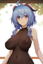 absurdres ahoge alternate_breast_size bangs bare_shoulders black_leotard blue_hair bodystocking bodysuit breasts covered_erect_nipples covered_navel cropped female female ganyu_(genshin_impact) genshin_impact highres horns kora574 large_breasts leaf leotard light_smile long_hair looking_at_viewer nipples purple_eyes see-through sidelocks solo upper_body variant_set