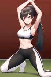 1girls ai_generated black_hair bleiss_schnee female female_only fully_clothed long_hair nai_diffusion red_eyes rwby solo sports_bra stable_diffusion tight_clothing