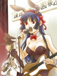 1boy 1girls alternate_costume blue_hair bunny_ears bunny_girl bunnysuit cleavage cosplay crossover dark_blue_hair dark_hair female female_focus fully_clothed gintama guitar hime_cut imai_nobume long_hair male medium_breasts microphone nammy on_stage open_mouth parody playboy_bunny red_eyes sasaki_isaburo singing stage suzumiya_haruhi_(cosplay) suzumiya_haruhi_no_yuuutsu voice_actor_connection wholesome