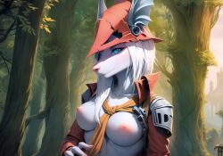 ai_generated anthro blue_eyes clothes detailed_background female final_fantasy final_fantasy_ix forest_background freya_crescent hat hi_res highres looking_at_viewer nipples open_clothes red_clothing solo stable_diffusion white_body white_fur white_hair winged_hat