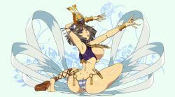 1girls ass bandages bob_cut brown_hair egyptian father_dimitry huge_breasts large_breasts menace queen's_blade ring short_hair solo striped_panties