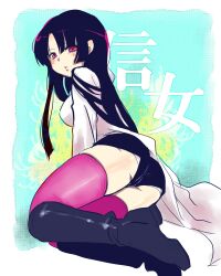 black_hair boots female female_only full_body fully_clothed gintama hime_cut imai_nobume long_hair looking_at_viewer looking_back panties pink_eyes pink_legwear pink_thighhighs short_shorts shorts sideboob solo thighhighs zettai_ryouiki