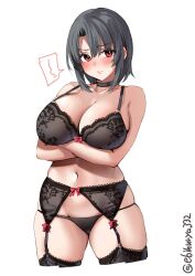 alternate_costume arms_under_breasts bangs bare_shoulders black_bra black_choker black_hair black_panties black_thighhighs blush bra breasts choker cleavage closed_mouth cowboy_shot cropped_legs crossed_arms ebifurya female garter_belt garter_straps highres kantai_collection large_breasts looking_at_viewer mature_female milf navel one-hour_drawing_challenge panties parted_bangs red_eyes short_hair simple_background solo spoken_blush takao_(kantai_collection) thighhighs thighs twitter_username underwear underwear_only white_background