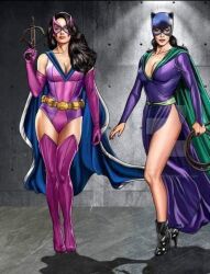 2girls antiheroine artist_request batman_(series) big_breasts black_hair breasts cape catwoman cleavage crossbow curvy curvy_figure dc dc_comics duo earth_2 female female_only helena_wayne high_heels huntress_(dc) mask mature mature_female mature_woman milf mother mother_and_daughter multiple_girls straight_hair superheroine thief thigh_boots thighs villainess whip wide_hips