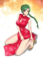 alternate_costume android bare_legs braid braided_hair braided_ponytail brown_eyes china_dress chinese_clothes cleavage cleavage_cutout daikokuten female female_only full_body fully_clothed gintama green_hair headphones high_heels kneeling long_hair looking_at_viewer marishiten mole robot_girl side_slit single_braid sleeveless smile solo tama_(gintama)