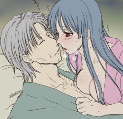 1boy 1girls 65535sbnb age_difference blue_hair blush breasts breath cleavage dilf female female_on_top femdom gintama grey_hair hime_cut horny_female imai_nobume kimono kissing licking long_hair looking_at_another male mature_male older_male open_kimono red_eyes saliva_trail sasaki_isaburo sexual_harassment sleeping tongue_out upper_body younger_female