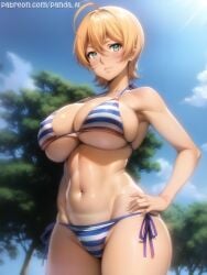 1girls ai_generated armpits ass belly bikini blonde_hair cameltoe cleavage female hands hi_res high_resolution highres huge_breasts large_breasts mito_ikumi navel nipple_bulge panda-ai panda_ai shokugeki_no_souma short_hair smile solo stable_diffusion standing striped_panties thick thick_ass thick_thighs thighs