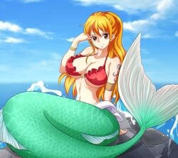 1girls armlet bracelet breasts cleavage earrings female female_only fins fish_girl fish_tail highres huge_breasts jewelry kuroko large_breasts mermaid mermaid_ass mermaid_girl mermaid_position mermaid_tail mermaid_transformation monster_girl monsterification nami one_piece orange_hair post-timeskip scales sitting smile solo stud_earrings tail topless