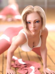 1girls 3d all_fours android_18 bare_shoulders blonde_hair blue_eyes blurry blurry_backgroung blurry_foreground bokeh breasts cleavage depth_of_field dragon_ball dragon_ball_super female female_only foreshortening fully_clothed habitgap lips looking_at_viewer medium_breasts motion_blur nose pov realistic render short_hair solo tank_top