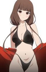 1girls accurate_art_style bare_shoulders belly big_breasts bikini black_bikini black_bra black_panties black_swimsuit blush bra breasts brown_eyes brown_hair chest collarbone coro_fae embarrassed female female_only highres iino_miko kaguya-sama_wa_kokurasetai_~tensai-tachi_no_renai_zunousen~ light-skinned_female long_hair midriff navel official_style panties presenting push-up seductive shy solo standing stomach swimsuit underwear white_background