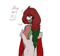 austria-hungary_(countryhumans) breasts cleavage cloak closed_eyes clothed clothing countryhumans countryhumans_girl english_text eyebrows_visible_through_hair eyelashes female female_only green_hair green_skin long_hair neckwear queen red_cloak red_hair red_jewel red_skin skinny text white_clothing