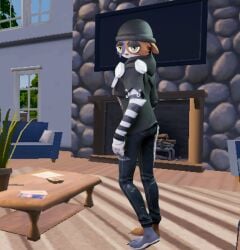 anthro cat cat_ears cat_tail chilledara clothed clothing fortnite fully_clothed fully_clothed_female furry goth goth_girl living_room looking_at_viewer looking_back_at_viewer meow_skulls_(fortnite) tagme