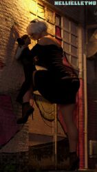 1boy 1girls 3d alley ankle_boots ass bare_shoulders big_ass blindfold clothed clothing curvy_female female giantess hairband light-skinned_female light-skinned_male light_skin macro male mini_giantess nellielle2 nier nier:_automata night outdoors pinned_to_wall running_bond short_dress short_hair size_difference stiletto_heels white_hair yorha_2b