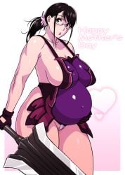 1girls big_belly black_hair breasts cattleya female female_only glasses gloves hi_res highres huge_breasts jinroku mature_female mother's_day mother_and_child mother_and_son pregnant queen's_blade sideboob solo sword weapon weapon_merchant_cattleya