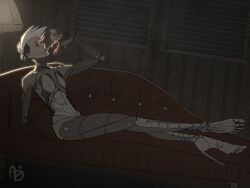 1_arm 1girls applesauce_jack breasts cigarette cyborg heels high_heels nude original original_character reclining robot_girl short_hair small_breasts smoking white_hair