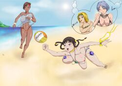 4girls beach blonde_hair blue_eyes blue_hair christie_(doa) dark-skinned_female dead_or_alive dead_or_alive_xtreme_beach_volleyball father_dimitry female_only hair_flower large_breasts lei_fang light-skinned_female lisa_hamilton multiple_girls sandals short_hair tina_armstrong venus_bikini volleyball wardrobe_malfunction white_hair