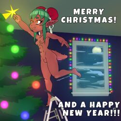 akuru_(cubbychambers) christmas christmas_tree cubbychambers green_hair new_year nude nude_female on_ladder orange_eyes small_breasts