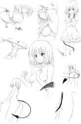 1girls ass blush bra demon_tail dress isuke24 large_breasts momo_velia_deviluke monochrome open_mouth panties short_hair tail tail_around_leg to_love-ru upskirt