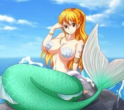 1girls armlet bracelet breasts cleavage earrings female female_only fins fish_girl fish_tail highres huge_breasts jewelry kuroko large_breasts mermaid mermaid_ass mermaid_girl mermaid_position mermaid_tail mermaid_transformation monster_girl monsterification nami one_piece orange_hair post-timeskip scales sitting smile solo stud_earrings tail topless