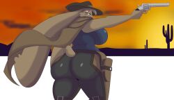 big_ass big_breasts breasts bubble_butt clothing dewwydarts dewwydartz female firearm furry gun handgun huge_ass lucy(dewwydartz) rabbit revolver thick_thighs weapon wide_hips