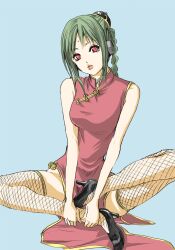 android braid braided_hair braided_ponytail bun_cover china_dress chinese_clothes female female_only fishnet_thighhighs fishnets full_body fully_clothed gintama green_hair hair_ornament headphones high_heels kagura_(gintama)_(cosplay) long_hair looking_at_viewer mole official_alternate_costume red_eyes robot_girl single_braid sitting sleeveless solo tama_(gintama) thighhighs zettai_ryouiki