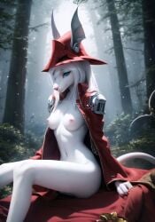 ai_generated anthro belly bottomless breasts burmecian detailed_background female final_fantasy final_fantasy_ix fit fit_female forest forest_background freya_crescent hat hi_res highres long_tail looking_at_viewer nipples open_clothes red_clothing sitting small_breasts smile solo square_enix stable_diffusion tail white_body white_fur white_hair winged_hat