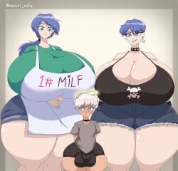 1boy 2girls angel big_ass big_balls big_breasts big_penis blue_eyes blue_hair dark_skin green_eyes hantai huge_ass huge_breasts milf original_character original_characters thick_ass thick_thighs threesome white_hair