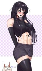 abs big_breasts black_gloves black_hair black_legwear black_sclera black_thighhighs blush crop_top eeyah_r18 elbow_gloves female female_only gym_clothes gym_shorts hime_cut kengan_(series) kengan_ashura kure_karla long_hair looking_at_viewer open_mouth shorts smile solo thick_thighs thighhighs tight_clothing toned toned_female zettai_ryouiki