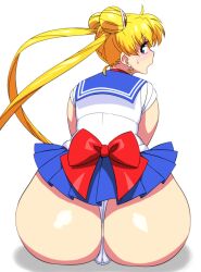 1girls ass back_bow bishoujo_senshi_sailor_moon blonde_hair blue_eyes blue_sailor_collar blue_skirt bow bubble_butt clothing double_bun earrings female fur hair_bun huge_ass jewelry jinroku long_hair looking_at_viewer looking_back magical_girl panties red_bow sailor_collar sailor_moon sailor_senshi_uniform simple_background sitting skirt solo thong underwear upskirt usagi_tsukino white_background white_panties