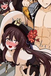 1boy 1boy1girl after_kiss apoelayoshi7 bangs black_hair black_panties blush brown_coat brown_hair cleavage couple earrings face-to-face female formal genshin_impact gradient_hair hair_between_eyes hands_on_another's_arms hands_on_another's_cheeks hu_tao_(genshin_impact) jacket jewelry long_hair long_sleeves looking_at_another multicolored_hair open_mouth penetration porkpie_hat red_eyes saliva saliva_trail sex single_earring small_breasts steam straight suit tassel tassel_earrings tongue_out twintails upper_teeth_only white_necktie zhongli_(genshin_impact)