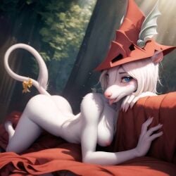 ai_generated anthro blonde_hair boobs burmecian butt detailed_background female female_only final_fantasy final_fantasy_ix freya_crescent hat hi_res highres long_tail looking_at_viewer nude on_stomach ribbon small_breasts smile solo square_enix stable_diffusion tongue_out white_body white_fur winged_hat