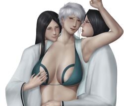 3girls big_breasts black_hair bleach blush breast_grab breasts clones dawid33 earrings embarrassed female/female/female fff fff_threesome groping kotetsu_isane long_hair multiple_girls short_hair short_hair_with_long_locks shy silver_hair surrounded teacher_and_student touching_breast unohana_retsu upper_body voluptuous yuri