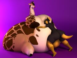 anthro anthroanim ass backsack balls belly belly_hug big_belly big_breasts big_butt breasts dragon duo female genitals giraffe giraffid male male/female mammal milenth_drake overweight overweight_female