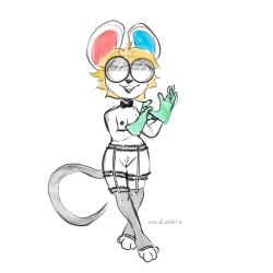 1:1 aardwolfz animal_crossing anthro blonde_hair bow_tie breasts clothing eyewear female footwear genitals glasses gloves hair handwear hi_res legwear mammal murid murine nintendo nipples no_pupils open_mouth petri_(animal_crossing) pubes pussy rat rodent short_hair simple_background socks solo standing stirrup_socks thigh_highs white_background