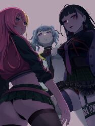 3girls ahoge ass ass_focus bare_midriff belly_button below_view black_hair blue_eyes butt butt_focus clothes_lift clothing cone_hair_bun female female_only fishnet_legwear fishnet_stockings fishnets garter_straps gray_hair grey_hair kotoka_torahime legwear lifting_clothing lifting_shirt looking_at_viewer looking_down meloco_kyoran miniskirt navel nijisanji nijisanji_en obake panties pantyshot pantyshot_(standing) pink_hair purple_eyes purple_hair revealing_clothes stockings three_tone_hair tied_hair trio trio_female trio_focus twin_braids twin_buns twintails two_tone_hair viewed_from_below violet_hair virtual_youtuber yellow_hair zaion_lanza