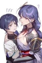 1boy 1girls annoyed braid breasts confused_look fully_clothed genshin_impact looking_back_at_viewer mom_and_son mother purple_eyes purple_hair raiden_shogun scaramouche_(genshin_impact) smaller_male son taller_female