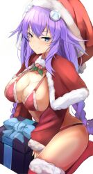 1girls absurd_res bikini bimmy blue_eyes box bra braid breasts christmas cleavage gift gift_box hair_between_eyes hat headgear highres large_breasts long_hair looking_at_viewer neptune_(neptunia) neptunia_(series) power_symbol-shaped_pupils purple_hair purple_heart_(neptunia) santa_bikini santa_hat sitting solo swimsuit twin_braids underwear