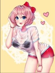 adorable artist_request bare_arms bare_legs bare_thighs bead_bracelet black_bra blue_eyes bra doki_doki_literature_club hair_ribbon hairbow heart pink_hair red_hair_bow red_hair_ribbon red_shorts sayori_(doki_doki_literature_club) see-through see-through_clothing see-through_shirt short_hair shorts t-shirt wet_t-shirt white_t-shirt wholesome