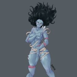 asian asian_female bandage bandages black_hair blue_skin chopped_up covered_nipples covering covering_breasts covering_crotch dbd dead dead_by_daylight dismemberment flowing_hair ghost ghost_girl guro hand_on_breast injury japanese long_hair muscular_legs pinup rin_yamaoka rin_yamaoka_(dead_by_daylight) scar sindio spirit squish squished_breasts thigh_squish white_eyes wide_hips