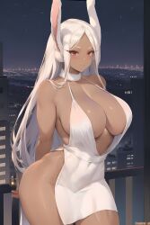 1girls 2d ai_generated amiral_ai braless breasts brown_skin city cleavage cleavage_dress dark-skinned_female dark_skin dress female female_only huge_breasts impossible_clothes long_hair looking_at_viewer miruko mommy my_hero_academia night no_bra no_panties no_underwear outdoors rabbit_ears revealing_clothes rumi_usagiyama slim_waist smile thick_thighs white_dress white_hair wide_hips