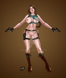 areolae belt big_breasts boots bottomless braid breasts brown_eyes brown_hair busty clothing dual_wielding female female_focus female_only firearm footwear full_body gun handgun handwear hourglass_figure human lara_croft lara_croft_(classic) large_breasts legwear long_hair magnafires navel nipples nude nude_female nudity pale_skin pistol pubes pubic_hair pubic_hair_peek pussy shaved_pussy tank_top thigh_highs tomb_raider torn_clothes torn_tank_top vagina weapon wide_hips