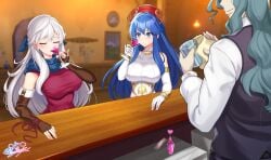 1boy 2girls alternate_costume aphrodisiac bar bartender blue_hair blush breasts bride closed_eyes drink drinking drugs elbow_gloves female female_focus femsub fingerless_gloves fire_emblem fire_emblem:_radiant_dawn fire_emblem:_the_binding_blade fire_emblem:_the_sacred_stones fire_emblem_heroes forced forced_marriage gloves grey_hair hat indoors large_breasts lilina_(fire_emblem) long_hair love_potion male maledom micaiah_(fire_emblem) mind_control multiple_girls nez-box nintendo open_mouth scarf silver_hair slave smile valter_(fire_emblem) very_long_hair wedding_dress