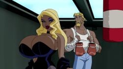 1boy 1girls accurate_art_style alternate_breast_size beard big_breasts black_canary blonde blonde_female blonde_hair blonde_hair_female blonde_hair_male blonde_male breasts breasts_bigger_than_head choker dc dc_comics dcau dinah_lance enormous_breasts eyeshadow female gigantic_breasts goatee green_arrow high_resolution huge_breasts justice_league_unlimited large_breasts lipstick massive_breasts muscular_male mustache oliver_queen screenshot top_heavy woot