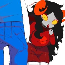 1boy 1girls aradia_megido bulge_down_leg bulge_watching bulge_worship cameltoe ccndies enamored erection_under_clothes erection_under_clothing god_tier_outfit hetero homestuck john_egbert qyuu red_lipstick straight