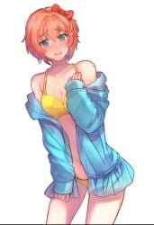 bare_legs bare_midriff bare_shoulders bare_thighs belly_button bikini bikini_bottom bikini_top bikini_under_clothes blue_eyes blue_jacket blush blush_lines cleavage doki_doki_literature_club hair_ribbon hairbow jacket just_sayori midriff navel pink_hair red_hair_bow red_hair_ribbon sayori_(doki_doki_literature_club) short_hair sora_(efr) yellow_bikini yellow_bikini_bottom yellow_bikini_top