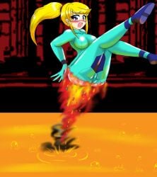 ass bubble_ass bubble_butt burn burned burned_clothing butt butt_on_fire fail failure female fire hot_burns hurt lava maiga858 metroid samus_aran