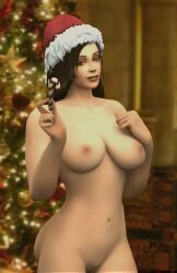 1girls 3d arice_hale_(liard) blizzard_entertainment blue_eyes brown_hair christmas flonominalarts human human_(world_of_warcraft) large_breasts light-skinned_female light_skin looking_at_viewer original_character pussy santa_hat warcraft winter_veil world_of_warcraft