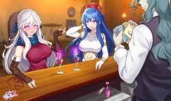 1boy 2girls adjusting_hair alternate_costume alternate_eye_color aphrodisiac bar bartender blue_hair blush breasts bride drink drugs elbow_gloves female female_focus femsub fingerless_gloves fire_emblem fire_emblem:_radiant_dawn fire_emblem:_the_binding_blade fire_emblem:_the_sacred_stones fire_emblem_heroes forced forced_marriage gloves grey_hair hat heart-shaped_pupils horny indoors large_breasts lilina_(fire_emblem) long_hair love_potion male maledom micaiah_(fire_emblem) mind_control multiple_girls nez-box nintendo open_mouth scarf silver_hair slave smile valter_(fire_emblem) very_long_hair wavy_mouth wedding_dress